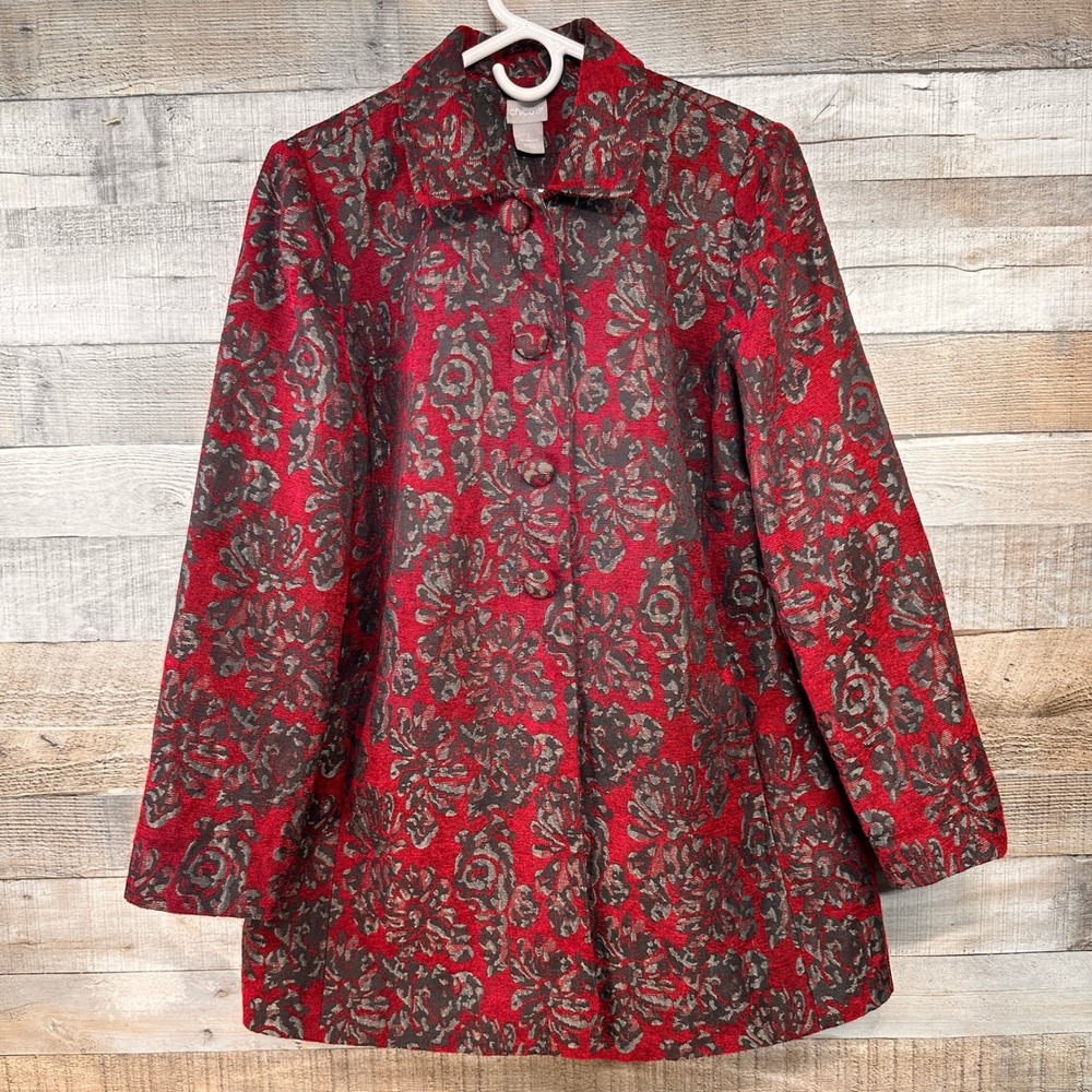 Chicos Red Black Floral Jacquard Tapestry Topper Coat Swing Back Size 1 Medium